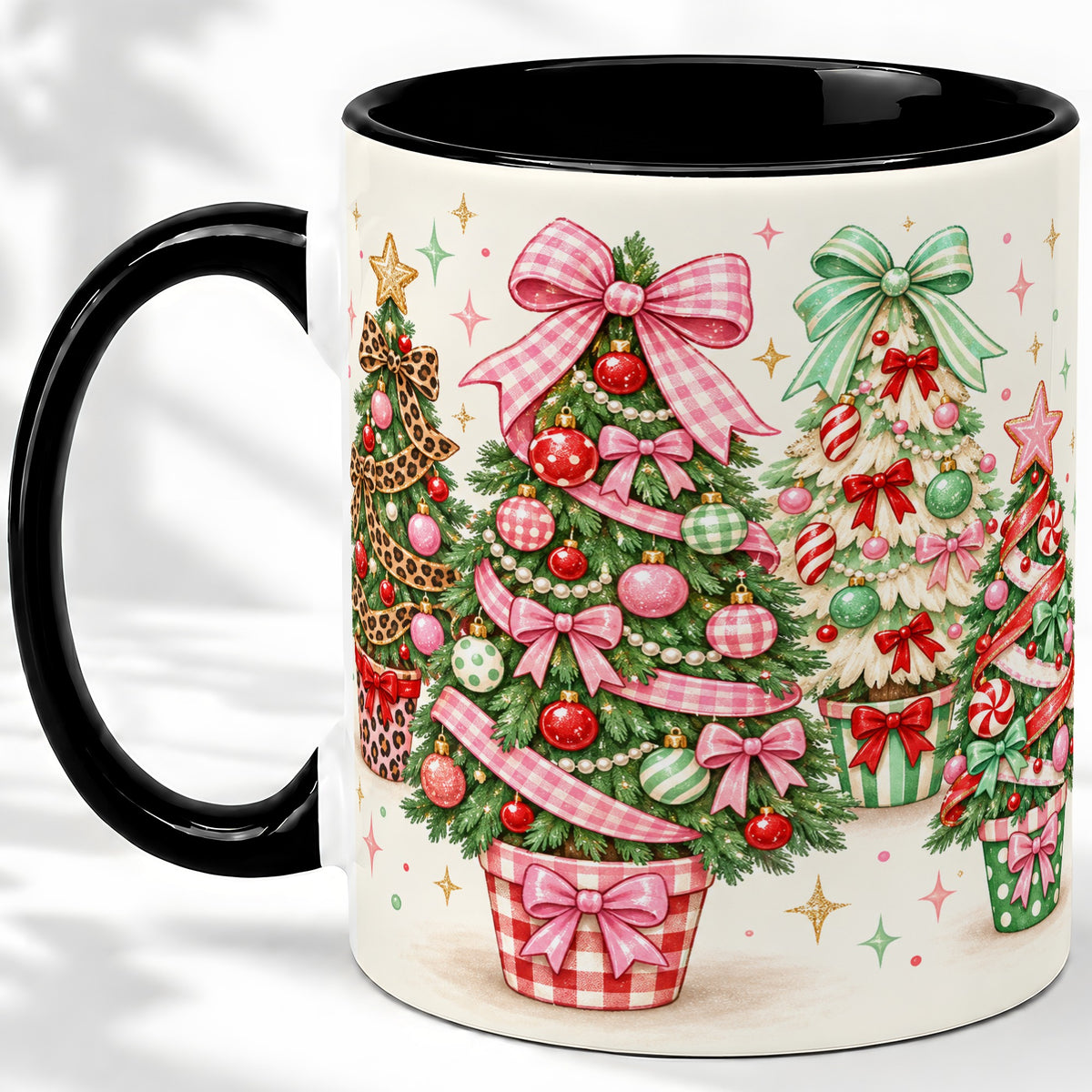 #pl[11oz|Black] Patterned Potted Christmas Trees Accent Mug, Ceramic Mug