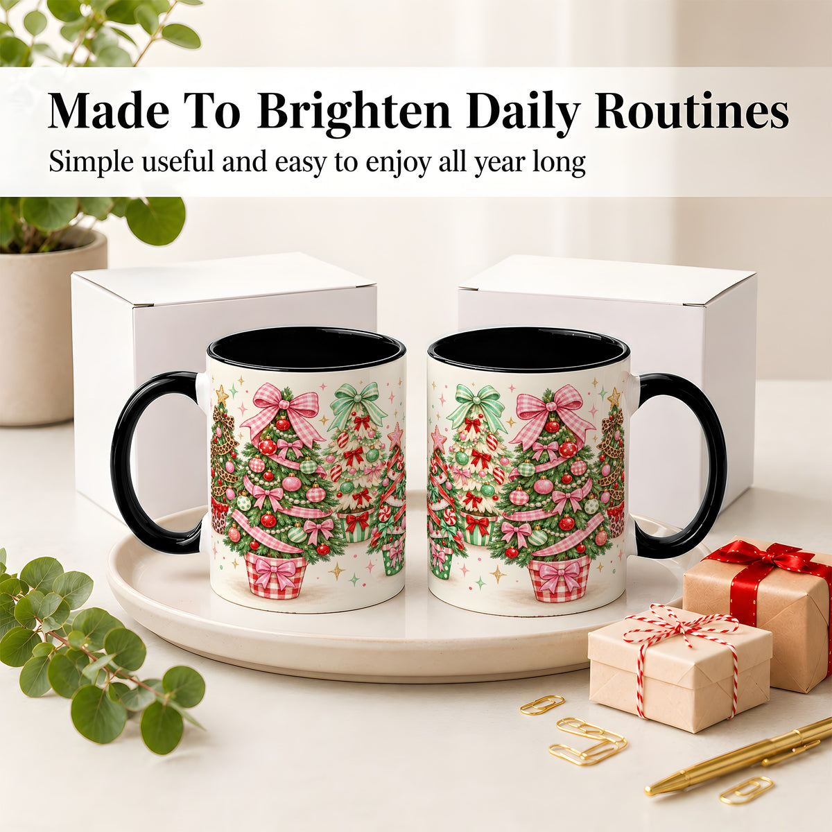 #pl[11oz|Black] Patterned Potted Christmas Trees Accent Mug, Ceramic Mug
