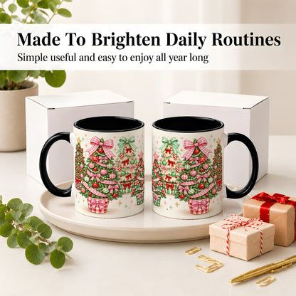 #pl[11oz|Black] Patterned Potted Christmas Trees Accent Mug, Ceramic Mug