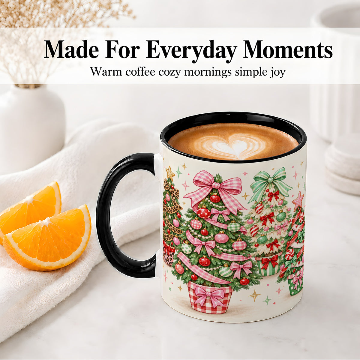 #pl[11oz|Black] Patterned Potted Christmas Trees Accent Mug, Ceramic Mug