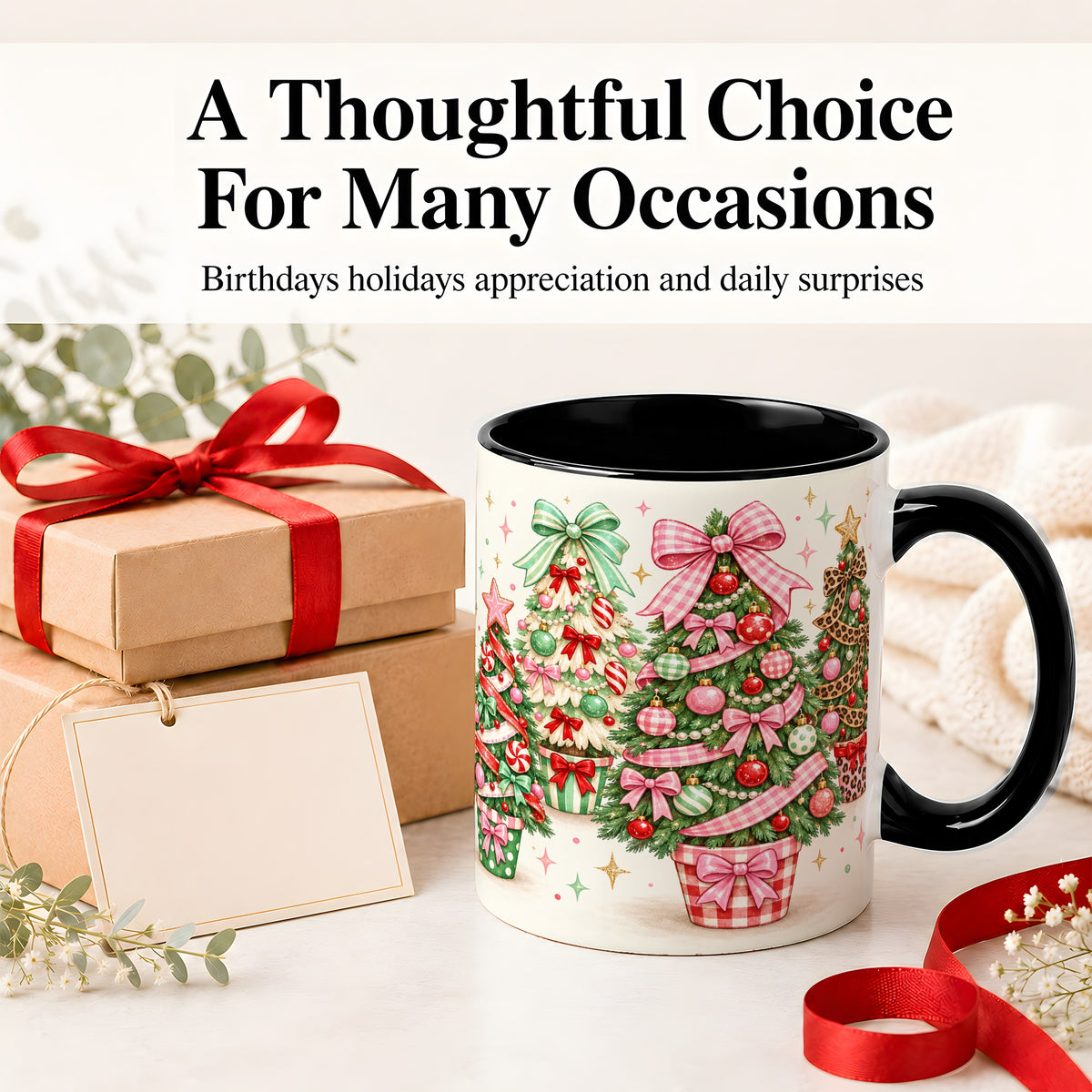 #pl[11oz|Black] Patterned Potted Christmas Trees Accent Mug, Ceramic Mug