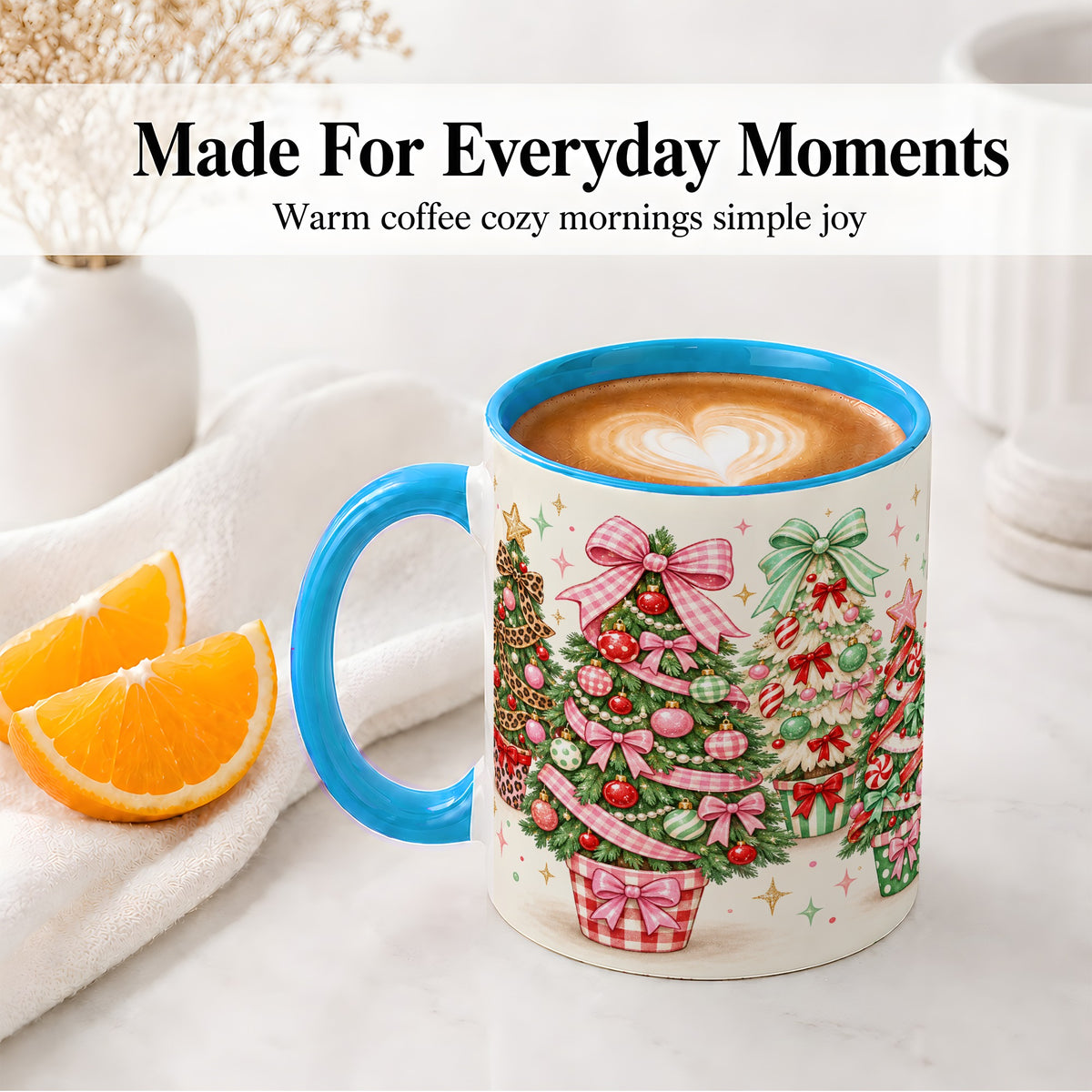 #pl[11oz|Blue] Patterned Potted Christmas Trees Accent Mug, Ceramic Mug