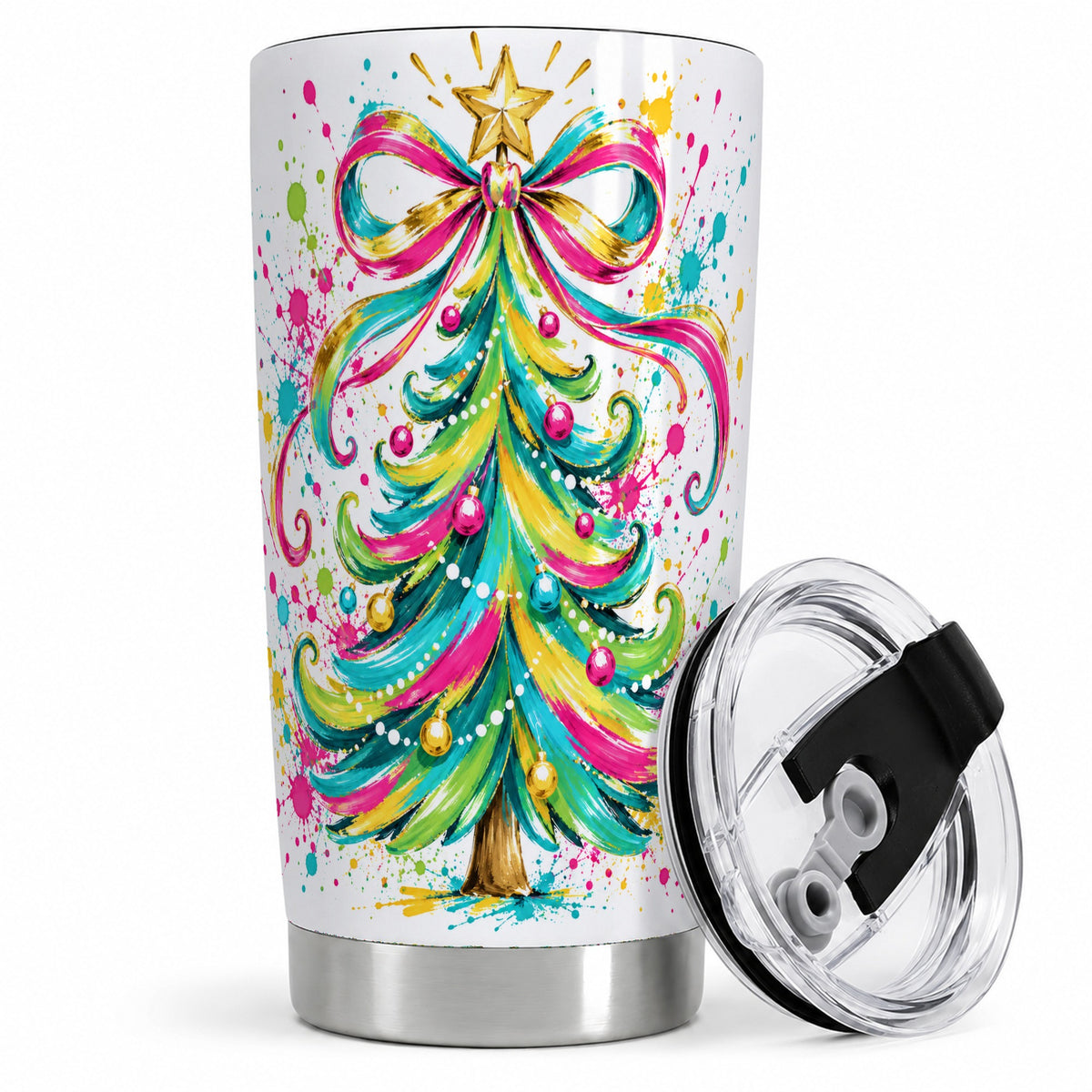 Colorful Christmas Tree 20oz Tumbler, Bright Paint Splash Artwork