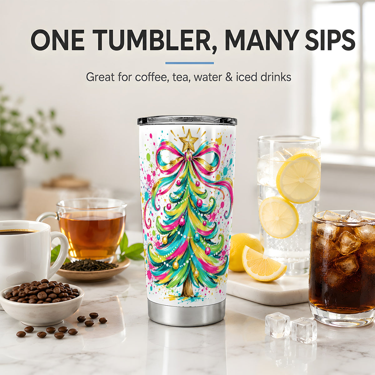 #pl[20oz|Steel] Colorful Christmas Tree 20oz Tumbler, Bright Paint Splash Artwork