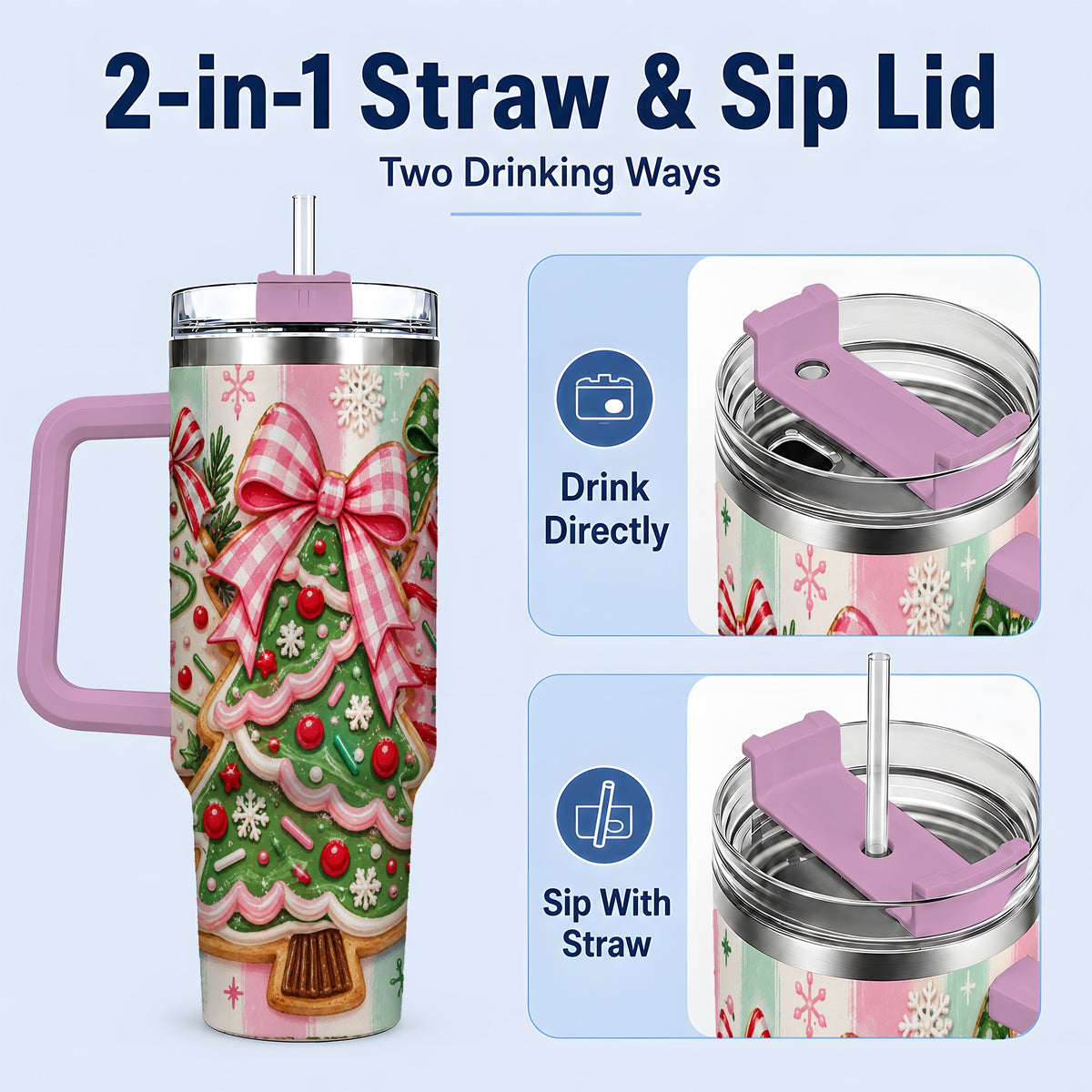 #pl[40oz|Pink] Christmas Tree Cookie Trio Tumbler, 40oz Stainless Steel Tumbler