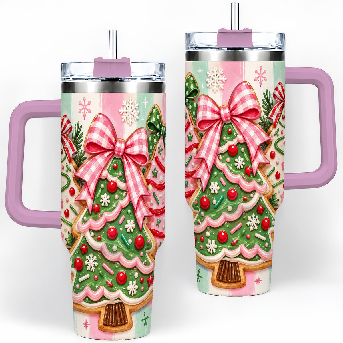 #pl[40oz|Pink] Christmas Tree Cookie Trio Tumbler, 40oz Stainless Steel Tumbler