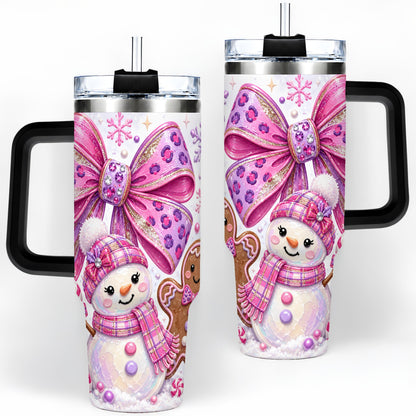 #pl[40oz|Black] Pink Bow Snowman Christmas Tumbler, 40oz Stainless Steel Tumbler