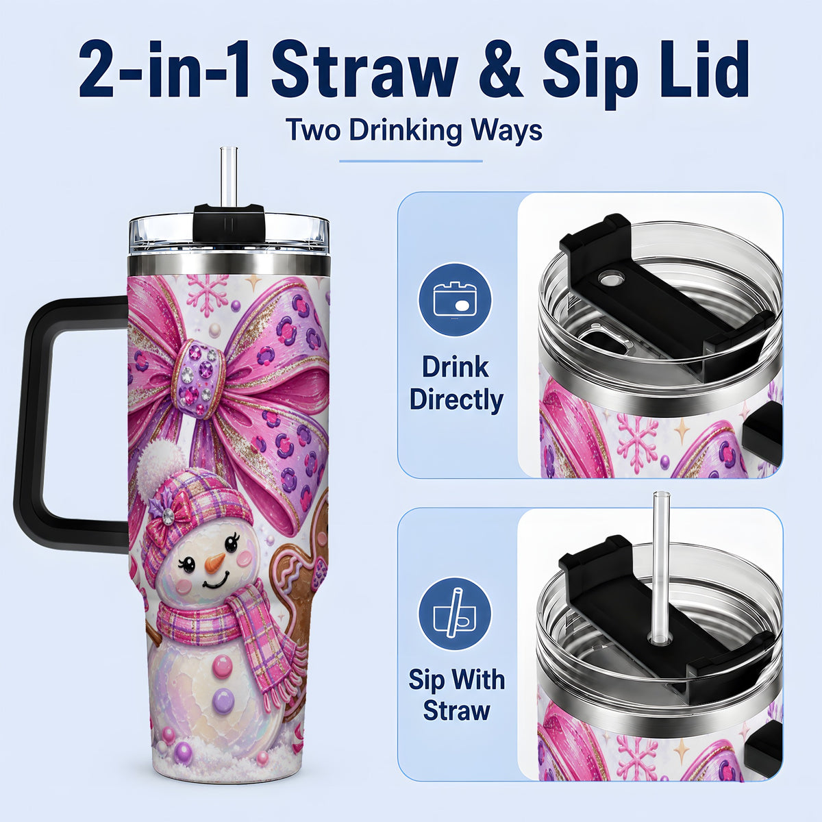 #pl[40oz|Black] Pink Bow Snowman Christmas Tumbler, 40oz Stainless Steel Tumbler