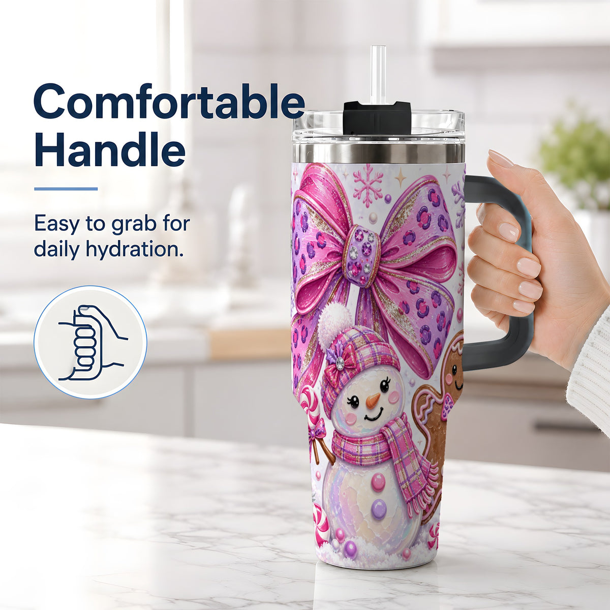 #pl[40oz|Black] Pink Bow Snowman Christmas Tumbler, 40oz Stainless Steel Tumbler