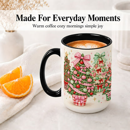 #pl[15oz|Black] Patterned Potted Christmas Trees Accent Mug, Ceramic Mug