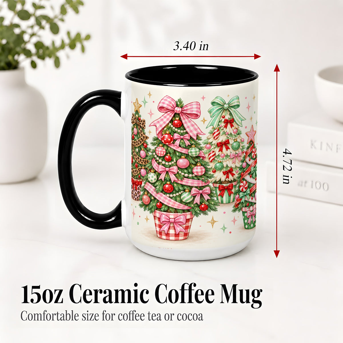#pl[15oz|Black] Patterned Potted Christmas Trees Accent Mug, Ceramic Mug