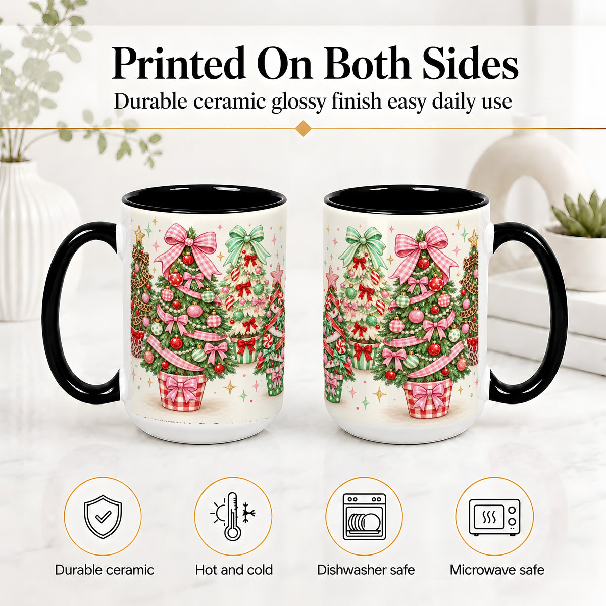 #pl[15oz|Black] Patterned Potted Christmas Trees Accent Mug, Ceramic Mug