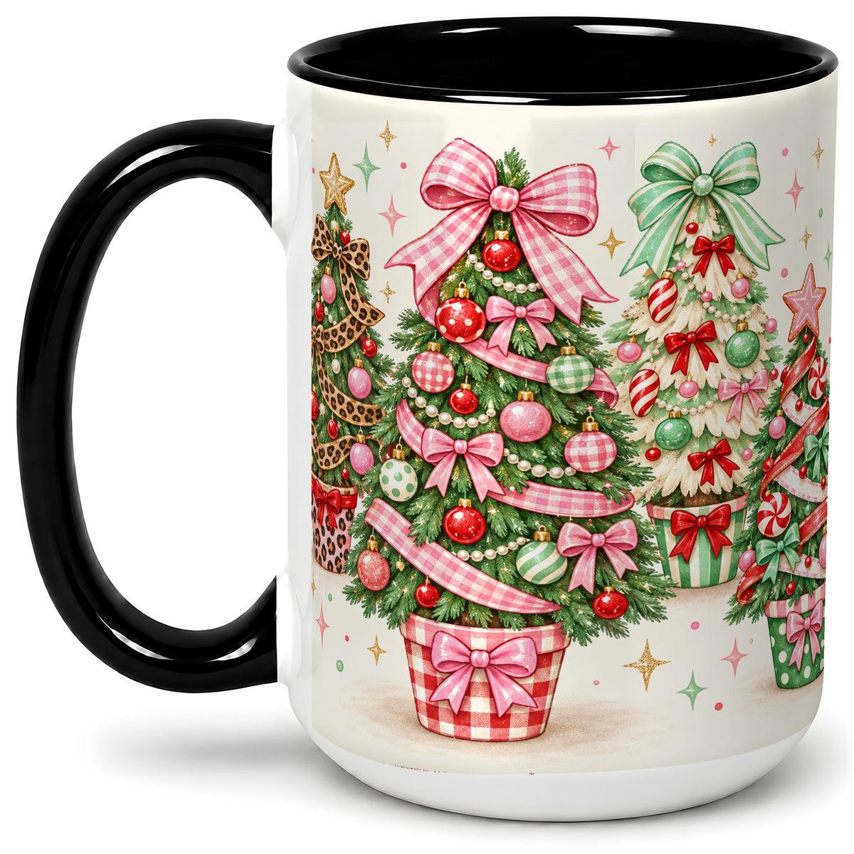 #pl[15oz|Black] Patterned Potted Christmas Trees Accent Mug, Ceramic Mug