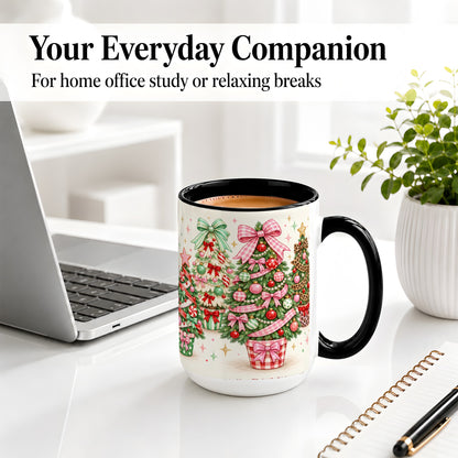 #pl[15oz|Black] Patterned Potted Christmas Trees Accent Mug, Ceramic Mug