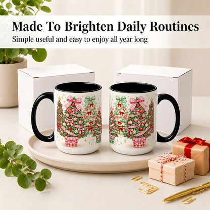 #pl[15oz|Black] Patterned Potted Christmas Trees Accent Mug, Ceramic Mug
