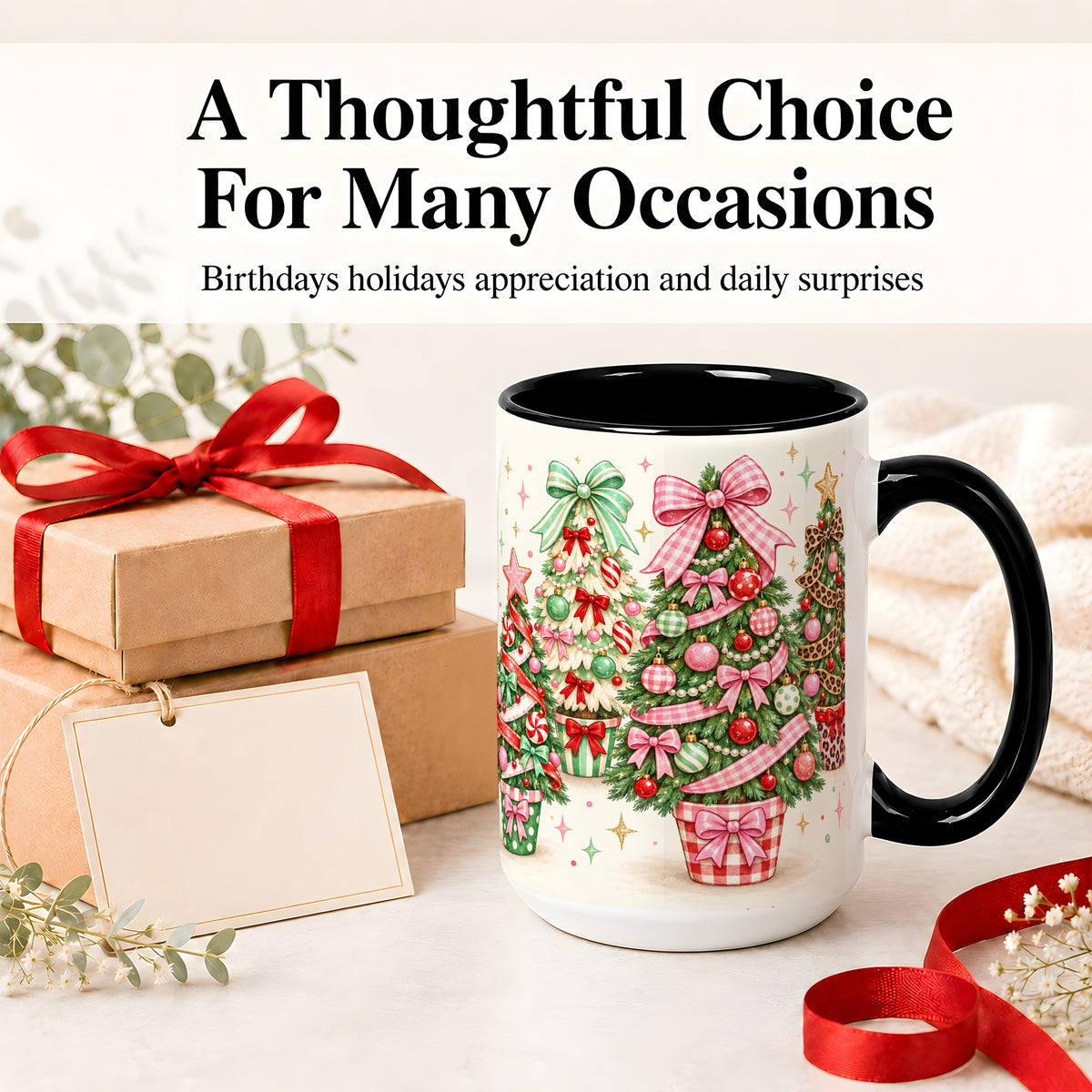 #pl[15oz|Black] Patterned Potted Christmas Trees Accent Mug, Ceramic Mug