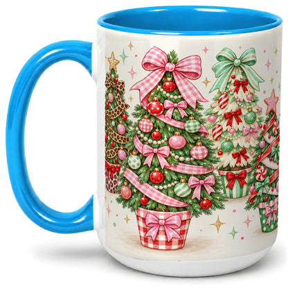 #pl[15oz|Blue] Patterned Potted Christmas Trees Accent Mug, Ceramic Mug
