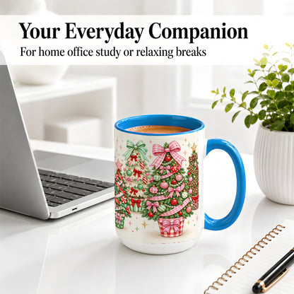#pl[15oz|Blue] Patterned Potted Christmas Trees Accent Mug, Ceramic Mug