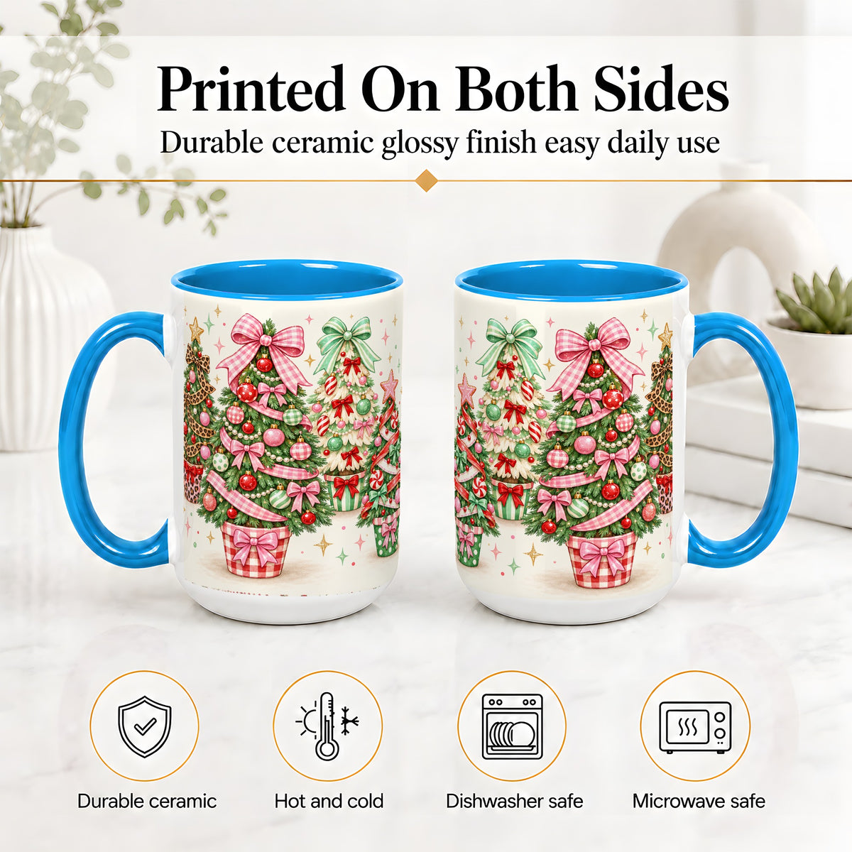 #pl[15oz|Blue] Patterned Potted Christmas Trees Accent Mug, Ceramic Mug