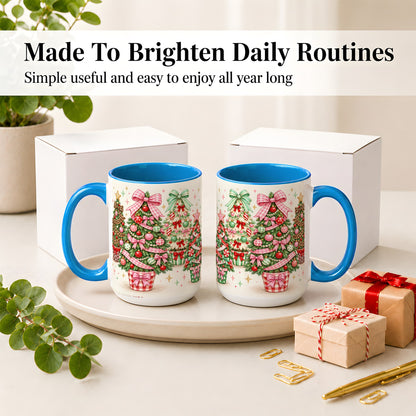 #pl[15oz|Blue] Patterned Potted Christmas Trees Accent Mug, Ceramic Mug