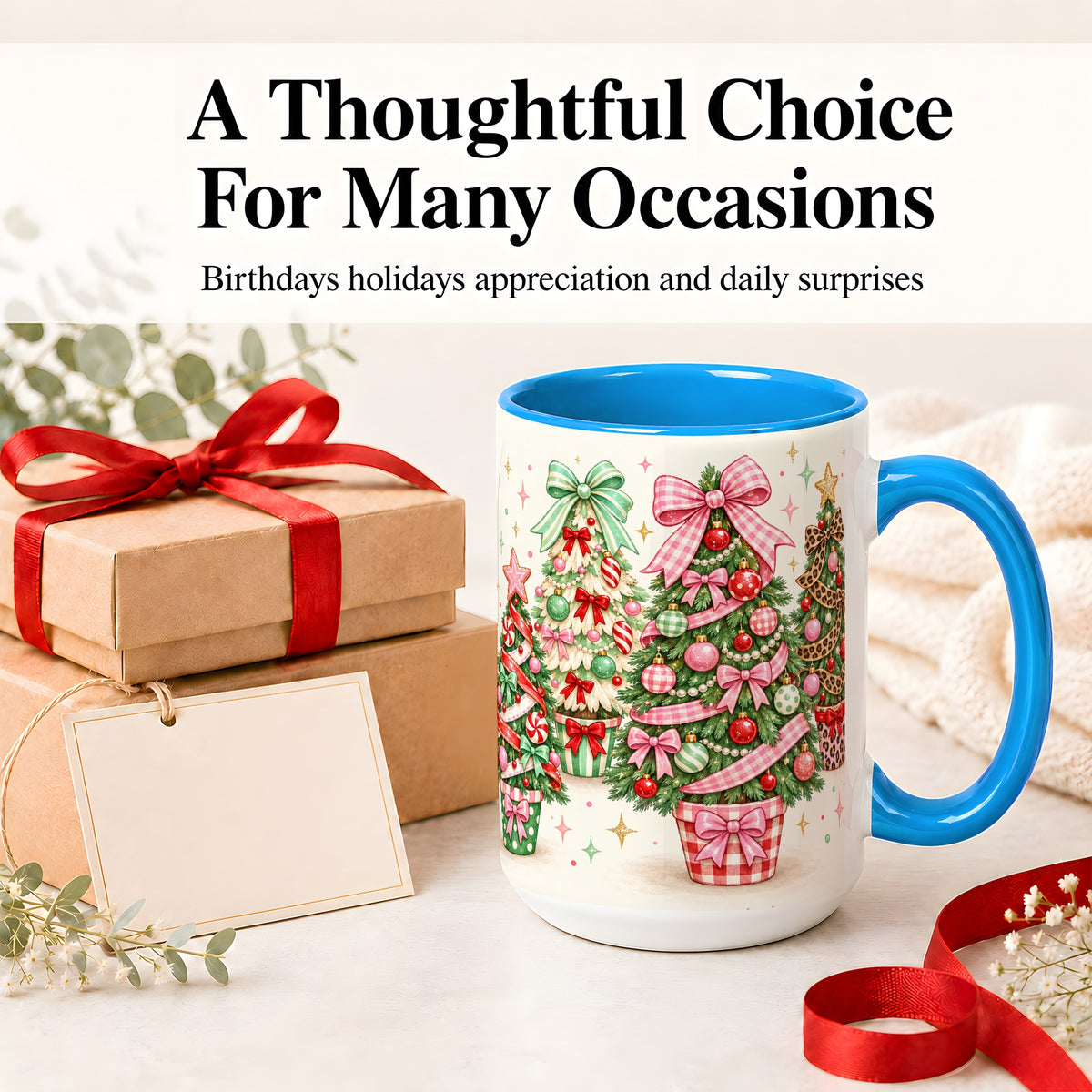 #pl[15oz|Blue] Patterned Potted Christmas Trees Accent Mug, Ceramic Mug