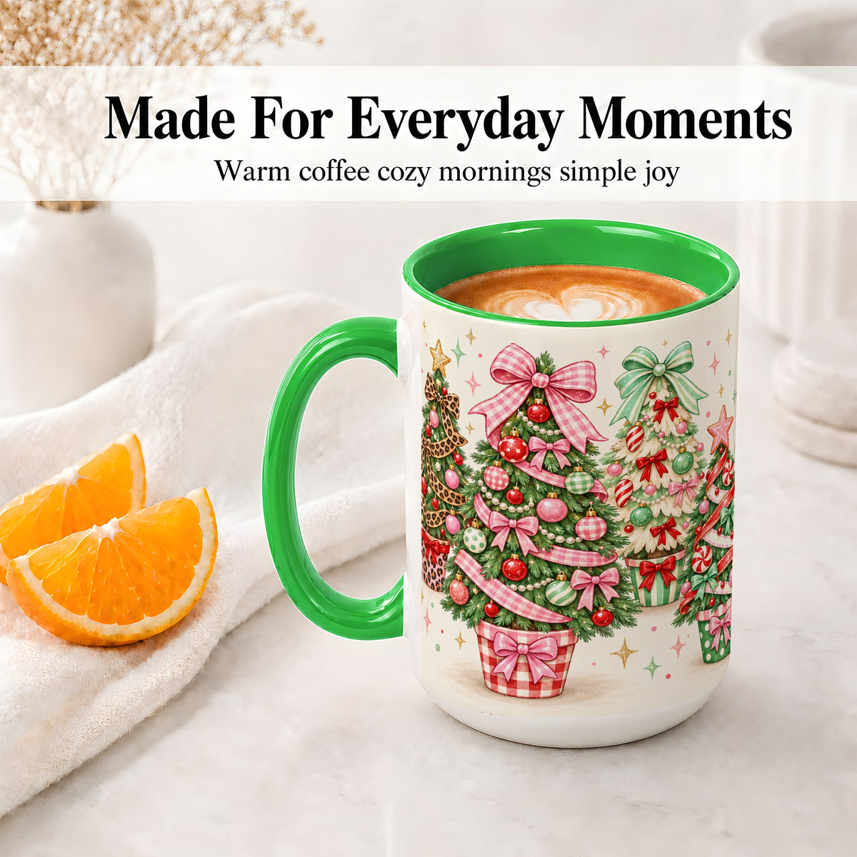 #pl[15oz|Green] Patterned Potted Christmas Trees Accent Mug, Ceramic Mug