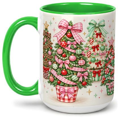 #pl[15oz|Green] Patterned Potted Christmas Trees Accent Mug, Ceramic Mug