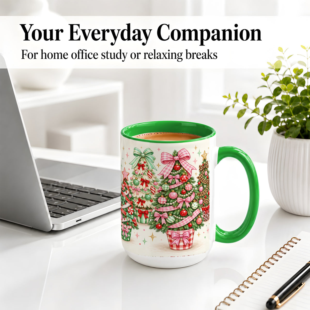 #pl[15oz|Green] Patterned Potted Christmas Trees Accent Mug, Ceramic Mug