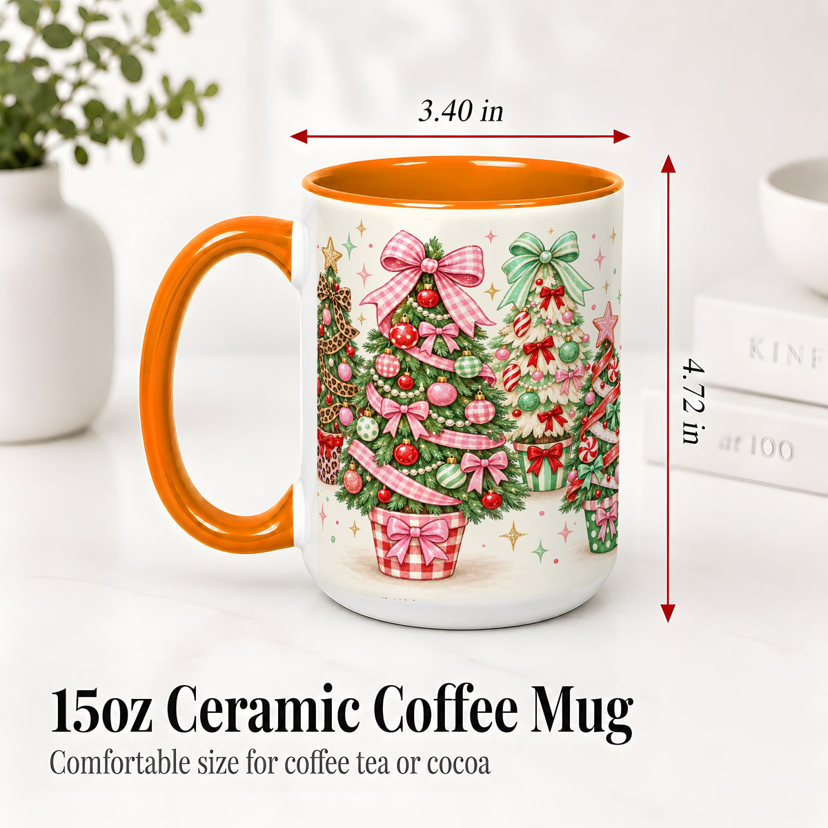 #pl[15oz|Orange] Patterned Potted Christmas Trees Accent Mug, Ceramic Mug