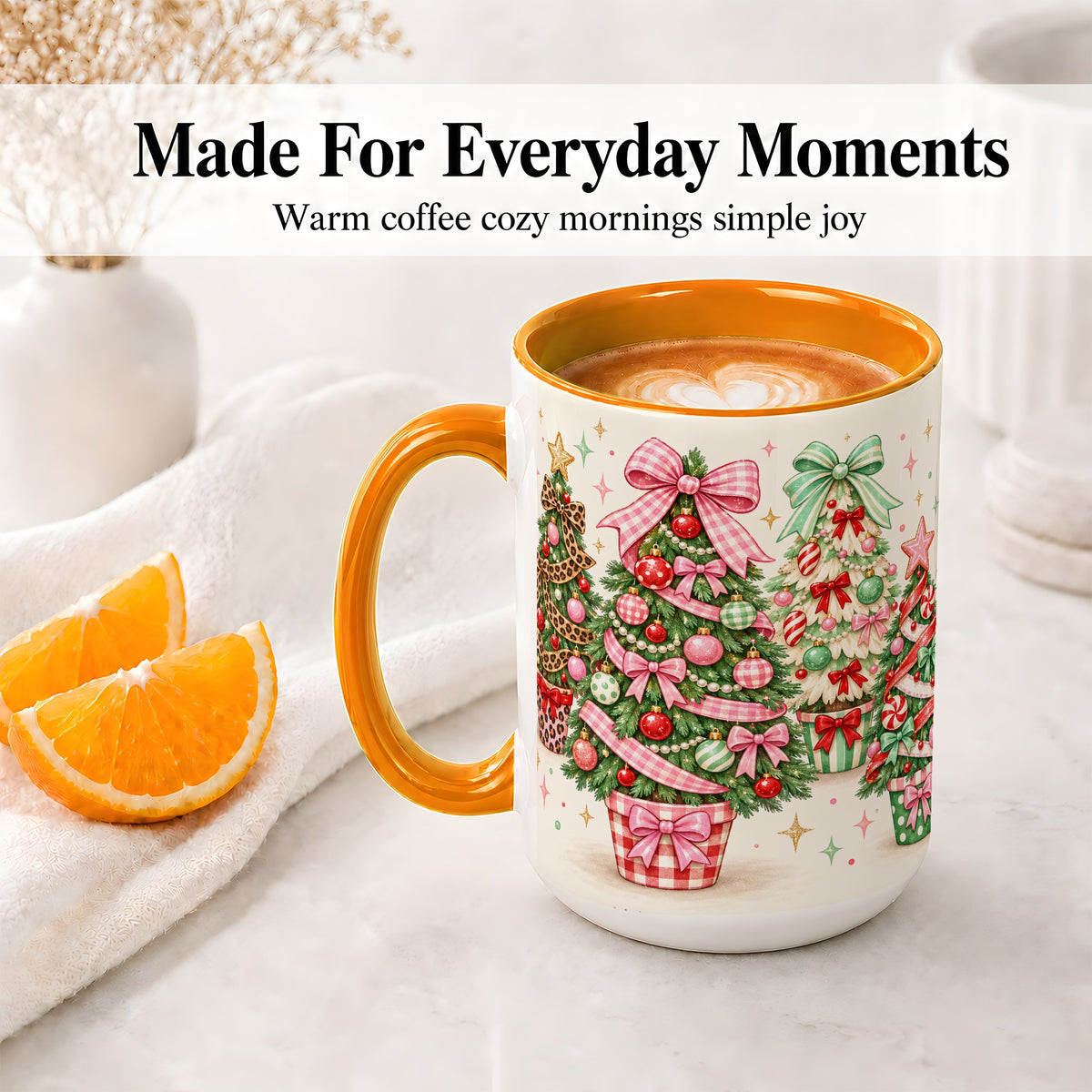 #pl[15oz|Orange] Patterned Potted Christmas Trees Accent Mug, Ceramic Mug