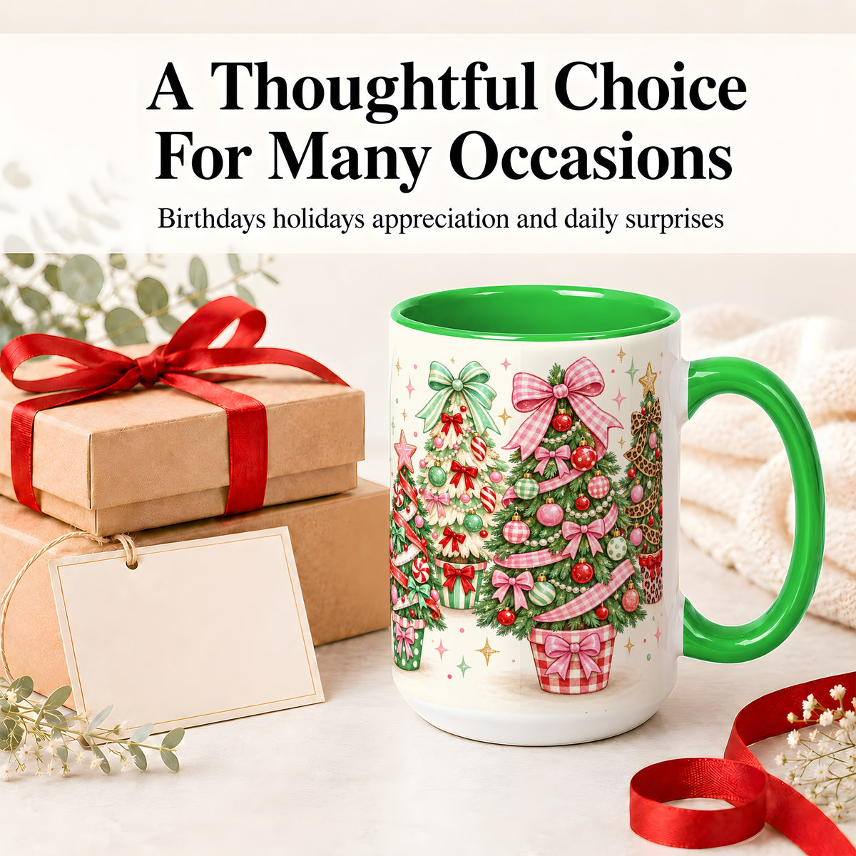 #pl[15oz|Green] Patterned Potted Christmas Trees Accent Mug, Ceramic Mug