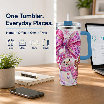 #pl[40oz|Blue] Pink Bow Snowman Christmas Tumbler, 40oz Stainless Steel Tumbler