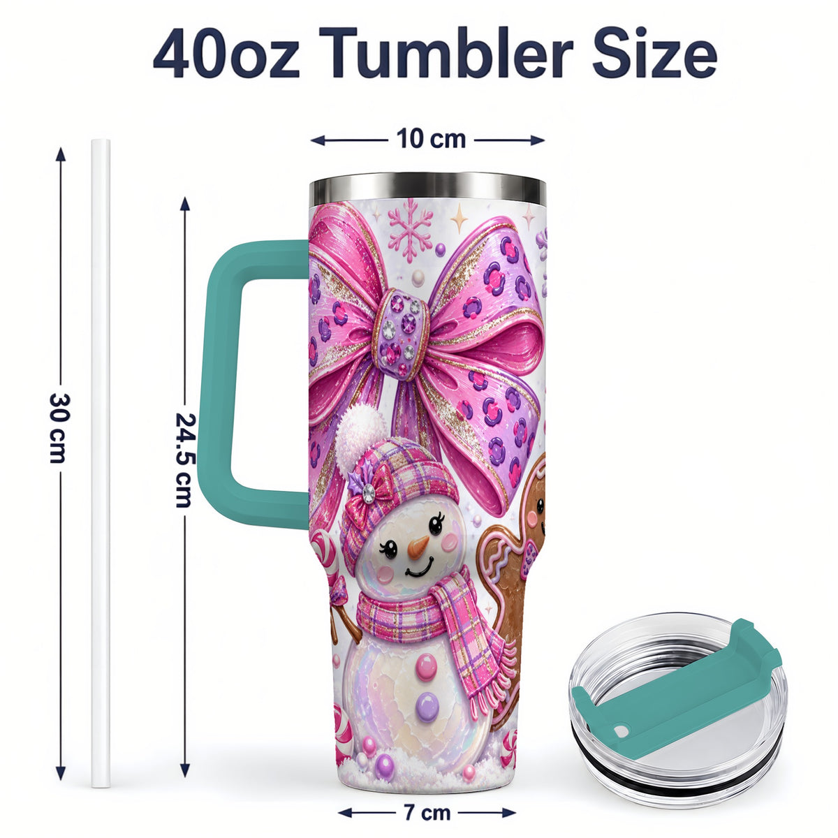 #pl[40oz|Green] Pink Bow Snowman Christmas Tumbler, 40oz Stainless Steel Tumbler