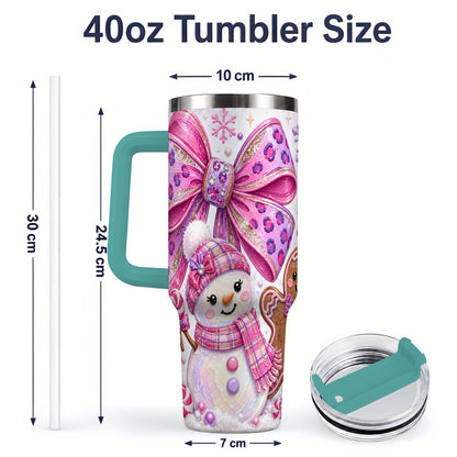 #pl[40oz|Green] Pink Bow Snowman Christmas Tumbler, 40oz Stainless Steel Tumbler