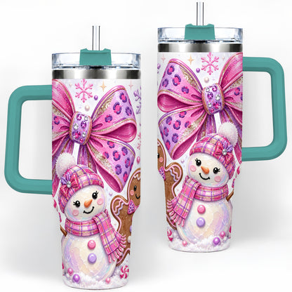 #pl[40oz|Green] Pink Bow Snowman Christmas Tumbler, 40oz Stainless Steel Tumbler