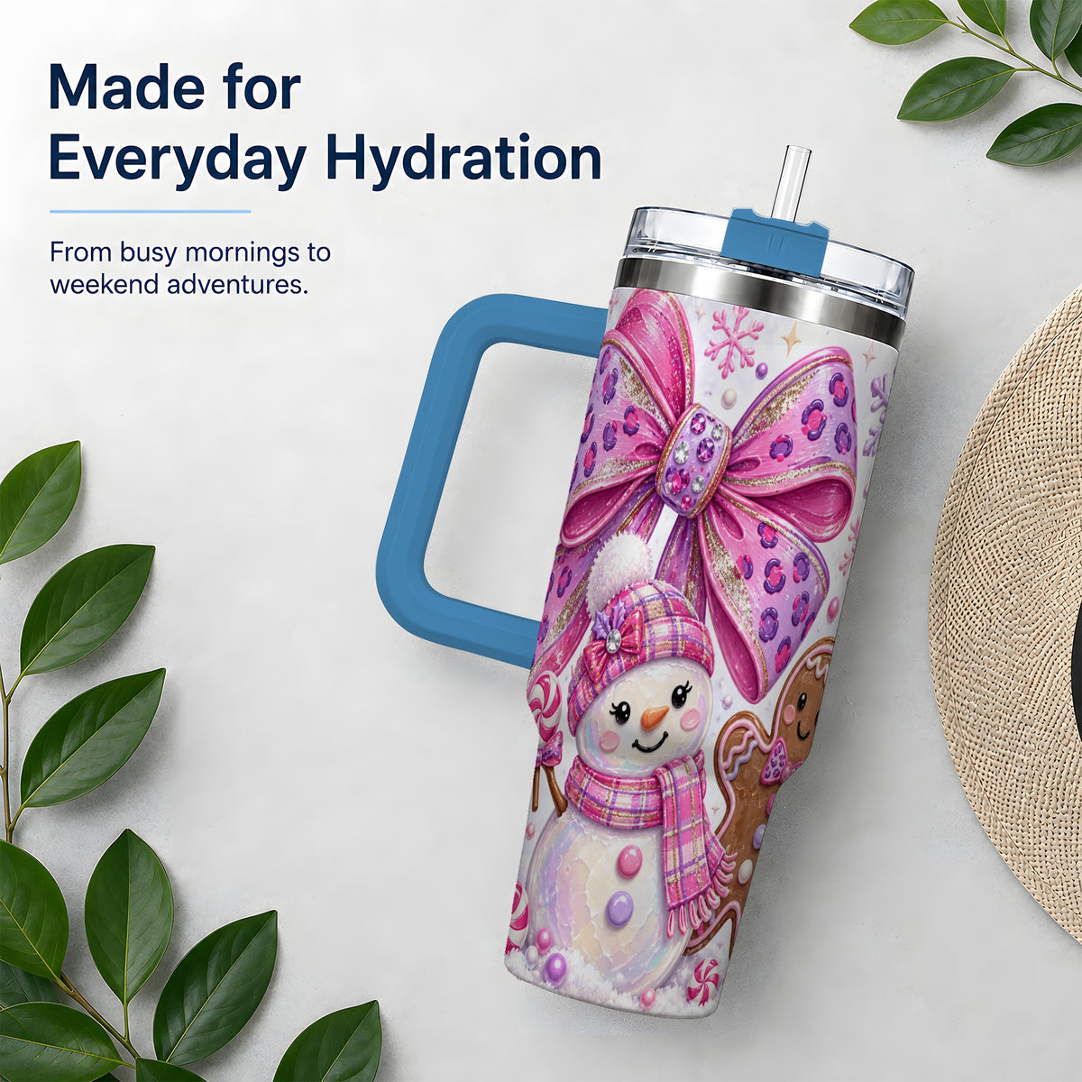 #pl[40oz|Blue] Pink Bow Snowman Christmas Tumbler, 40oz Stainless Steel Tumbler