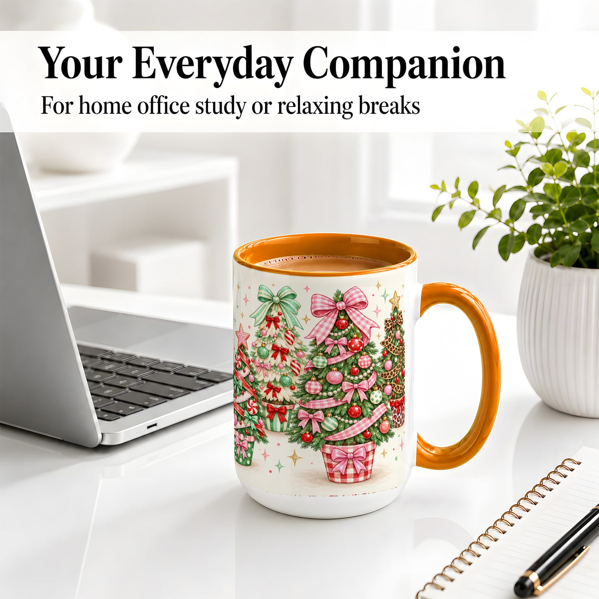 #pl[15oz|Orange] Patterned Potted Christmas Trees Accent Mug, Ceramic Mug