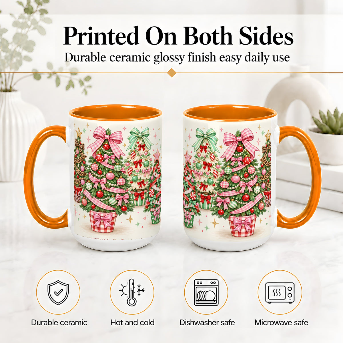 #pl[15oz|Orange] Patterned Potted Christmas Trees Accent Mug, Ceramic Mug