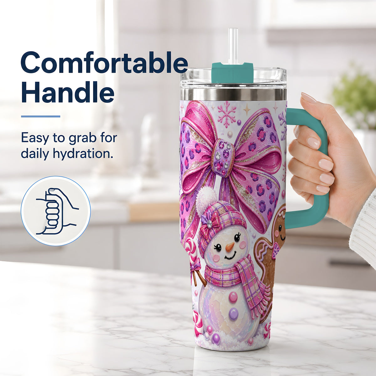 #pl[40oz|Green] Pink Bow Snowman Christmas Tumbler, 40oz Stainless Steel Tumbler