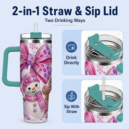 #pl[40oz|Green] Pink Bow Snowman Christmas Tumbler, 40oz Stainless Steel Tumbler