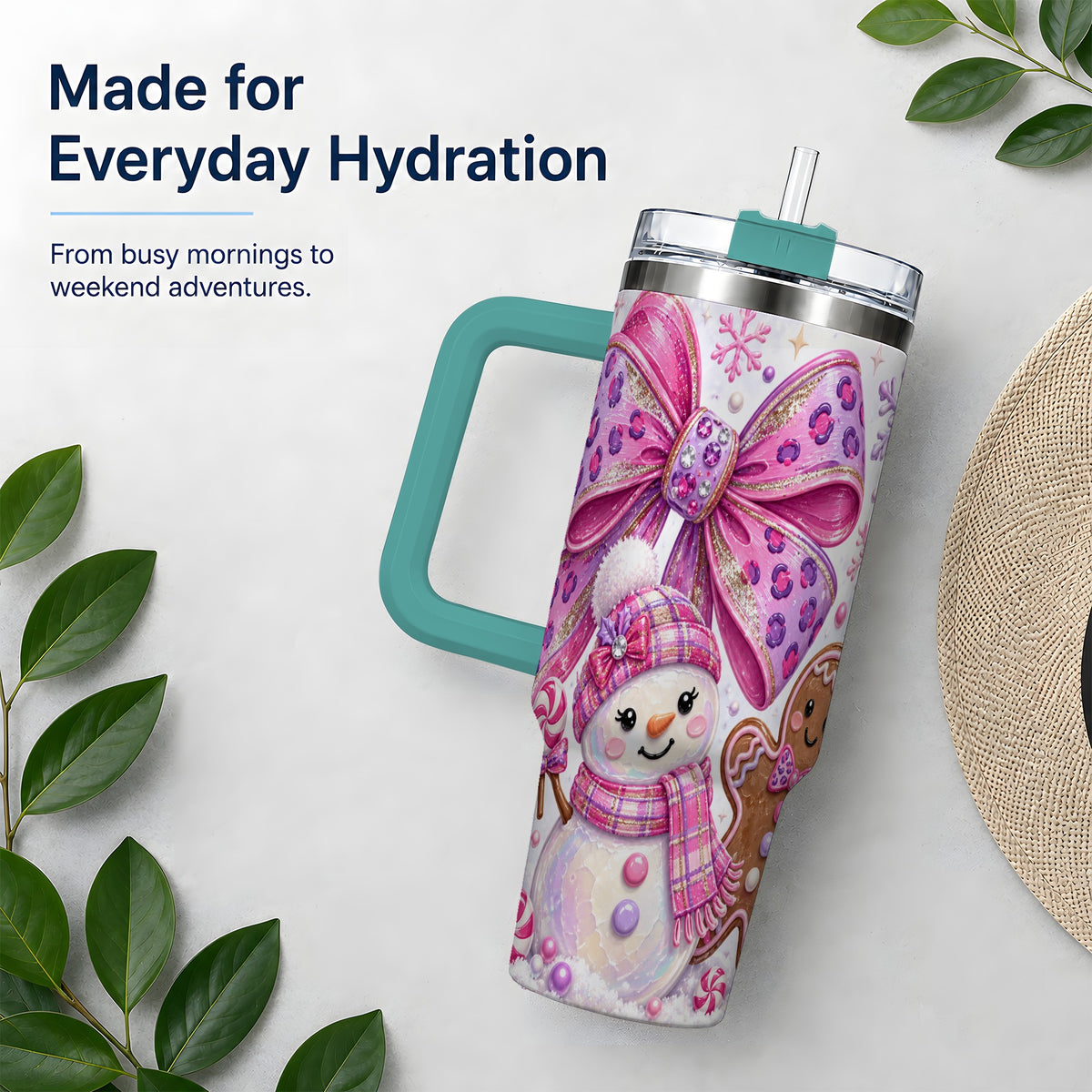 #pl[40oz|Green] Pink Bow Snowman Christmas Tumbler, 40oz Stainless Steel Tumbler