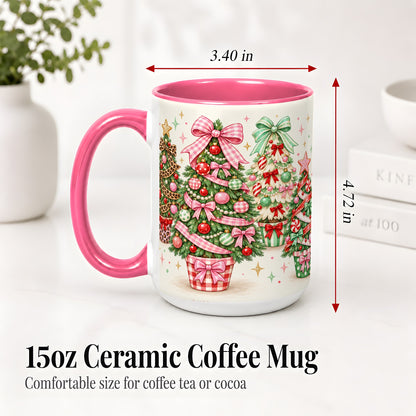 #pl[15oz|Pink] Patterned Potted Christmas Trees Accent Mug, Ceramic Mug