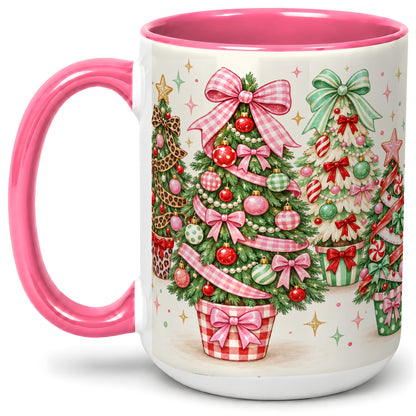 #pl[15oz|Pink] Patterned Potted Christmas Trees Accent Mug, Ceramic Mug