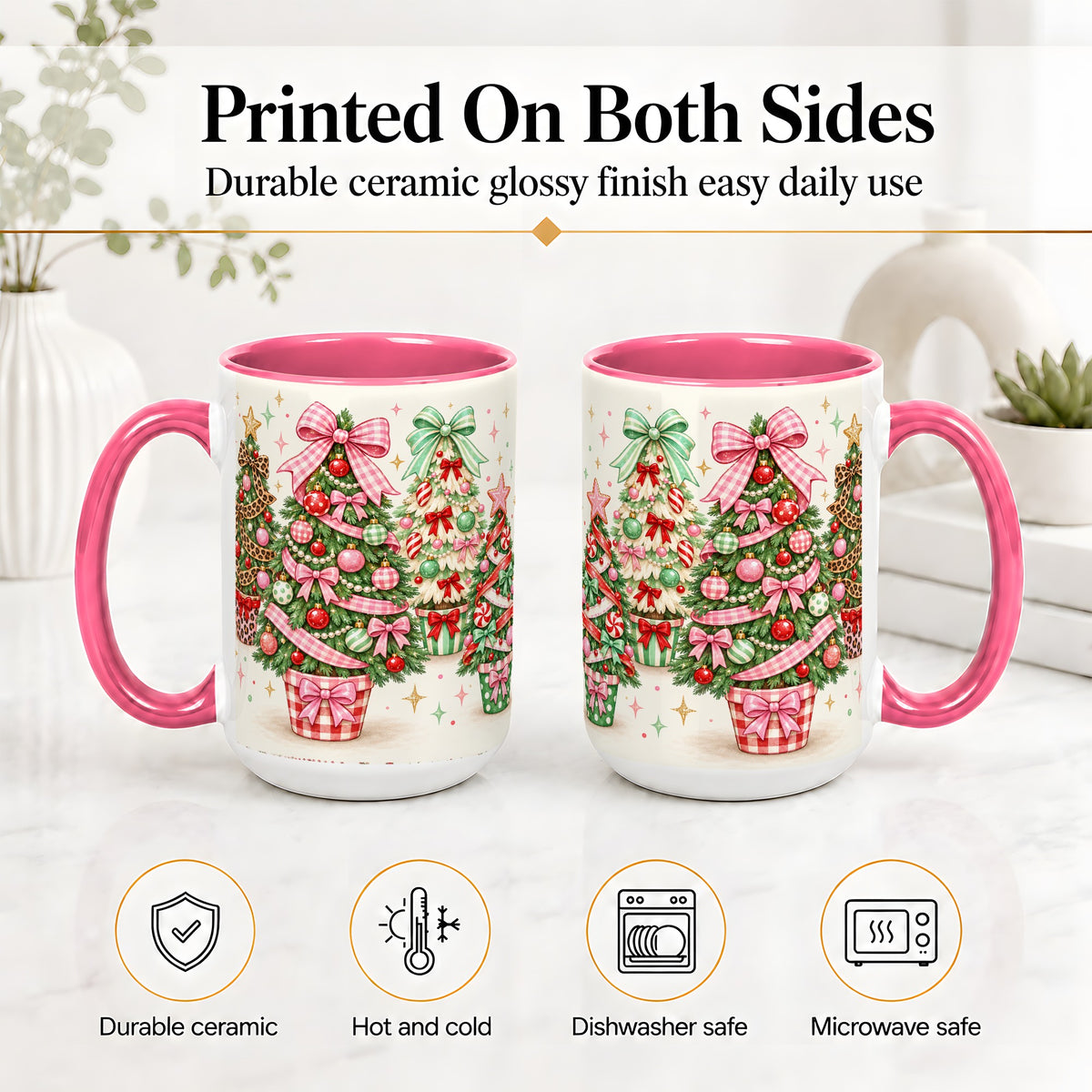 #pl[15oz|Pink] Patterned Potted Christmas Trees Accent Mug, Ceramic Mug