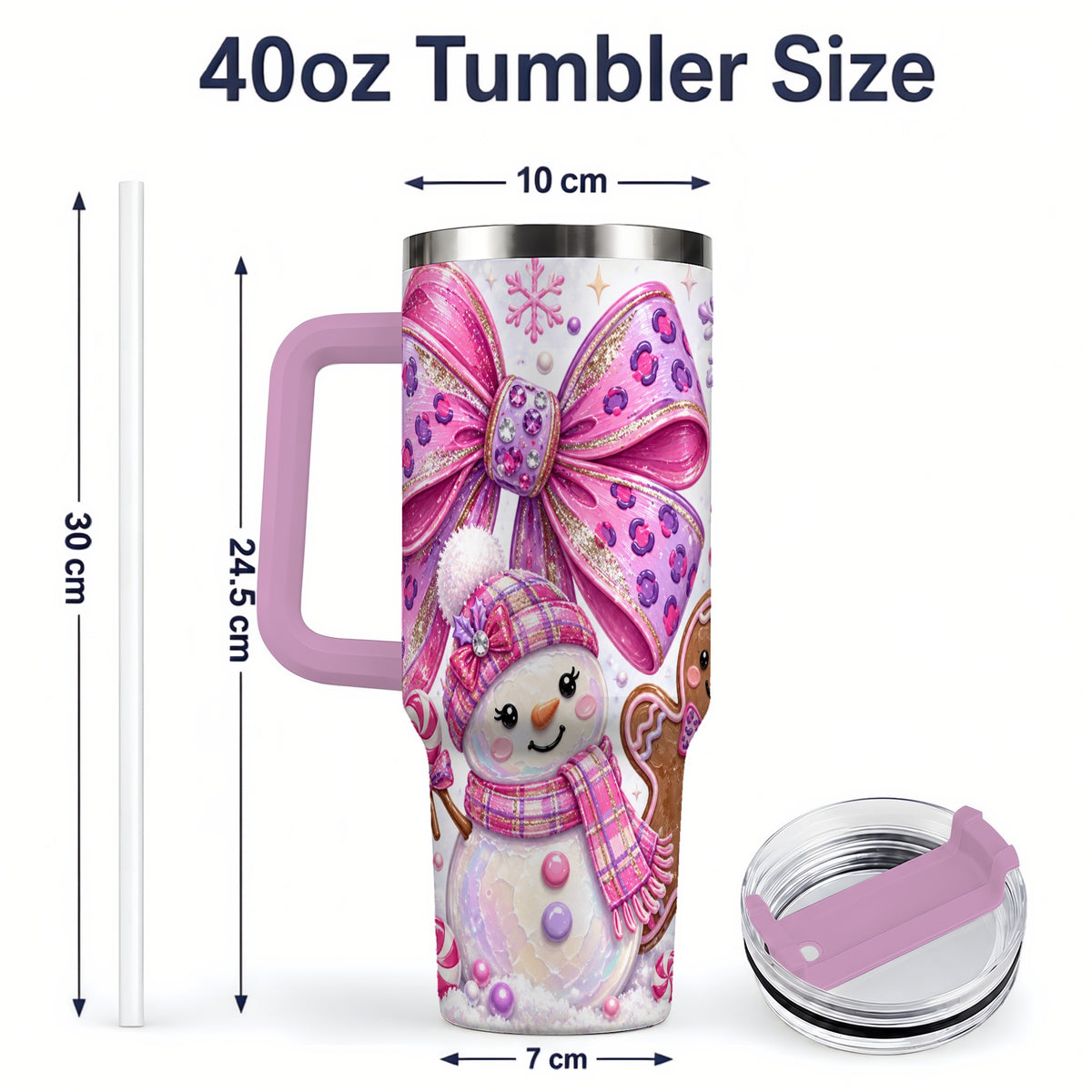 #pl[40oz|Pink] Pink Bow Snowman Christmas Tumbler, 40oz Stainless Steel Tumbler
