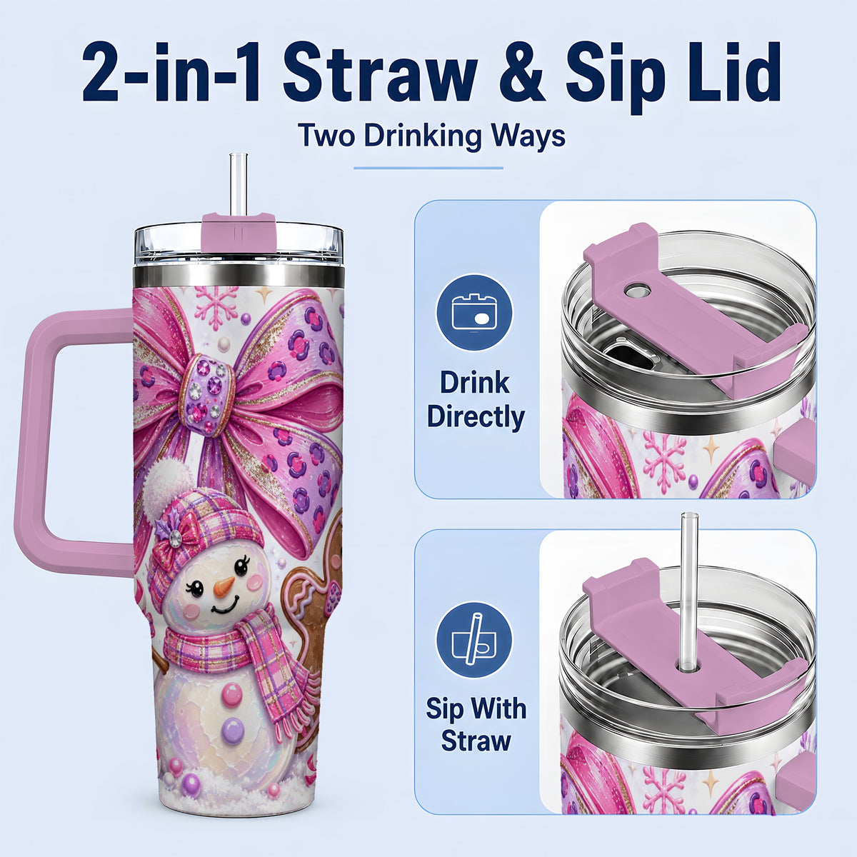 #pl[40oz|Pink] Pink Bow Snowman Christmas Tumbler, 40oz Stainless Steel Tumbler