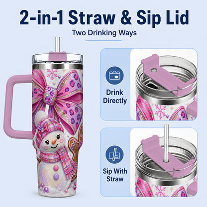 #pl[40oz|Pink] Pink Bow Snowman Christmas Tumbler, 40oz Stainless Steel Tumbler