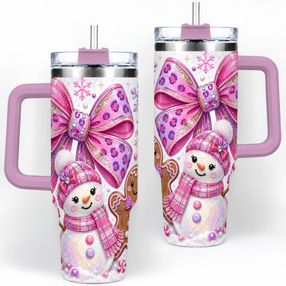 #pl[40oz|Pink] Pink Bow Snowman Christmas Tumbler, 40oz Stainless Steel Tumbler