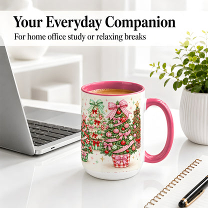 #pl[15oz|Pink] Patterned Potted Christmas Trees Accent Mug, Ceramic Mug