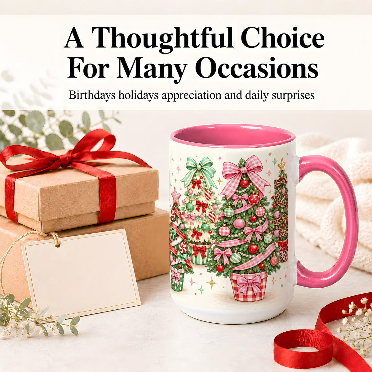 #pl[15oz|Pink] Patterned Potted Christmas Trees Accent Mug, Ceramic Mug